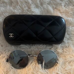 CHANEL Silver and Black Round Sunglasses
